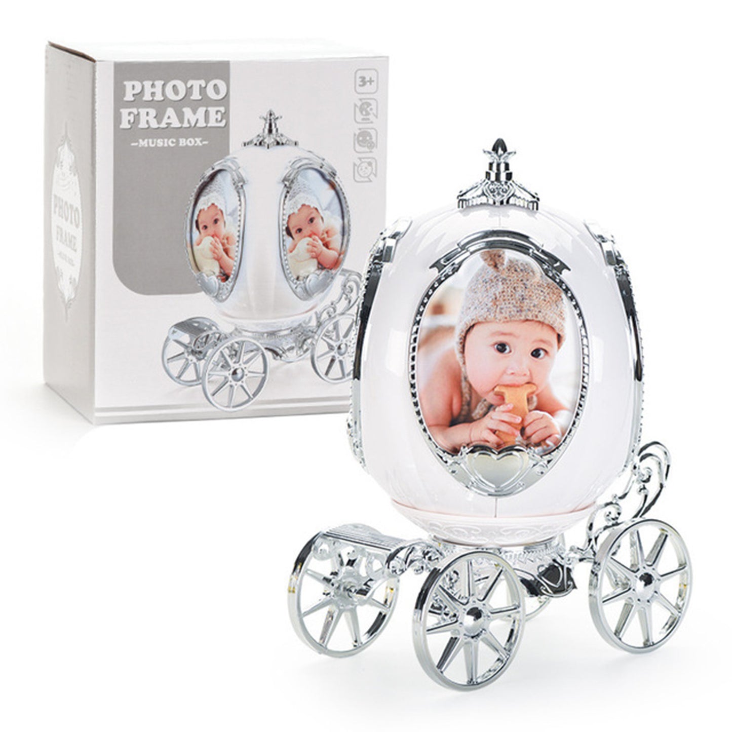 Pumpkin Carriage Music Box & 4-Photo Frame | 360° Rotating Keepsake with Timeless Melody