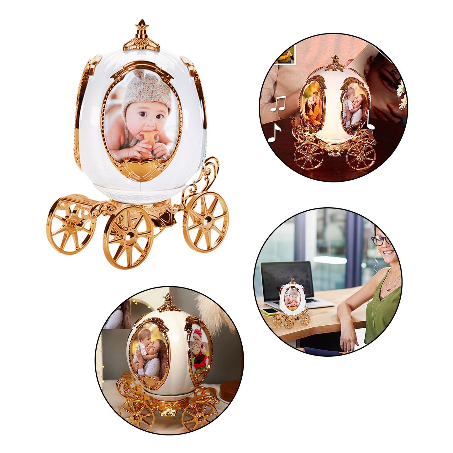 Pumpkin Carriage Music Box & 4-Photo Frame | 360° Rotating Keepsake with Timeless Melody
