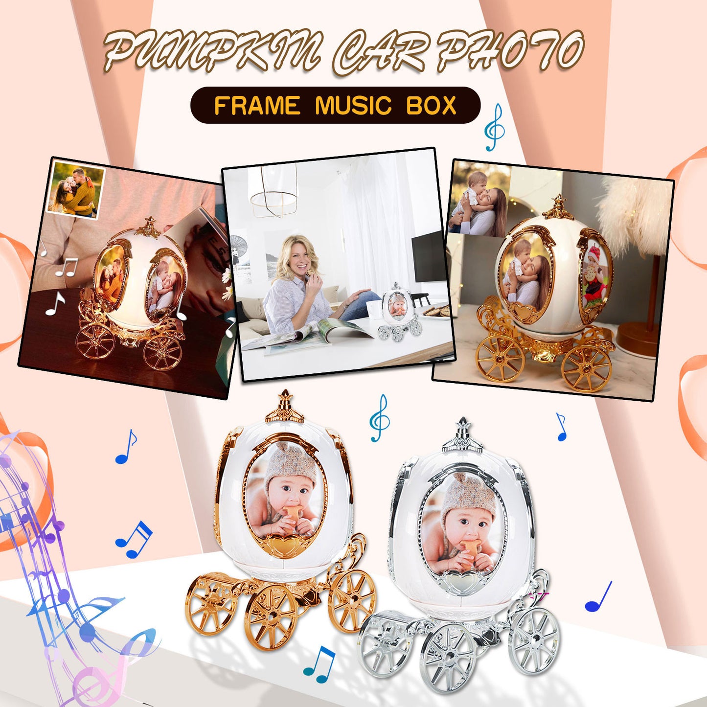 Pumpkin Carriage Music Box & 4-Photo Frame | 360° Rotating Keepsake with Timeless Melody
