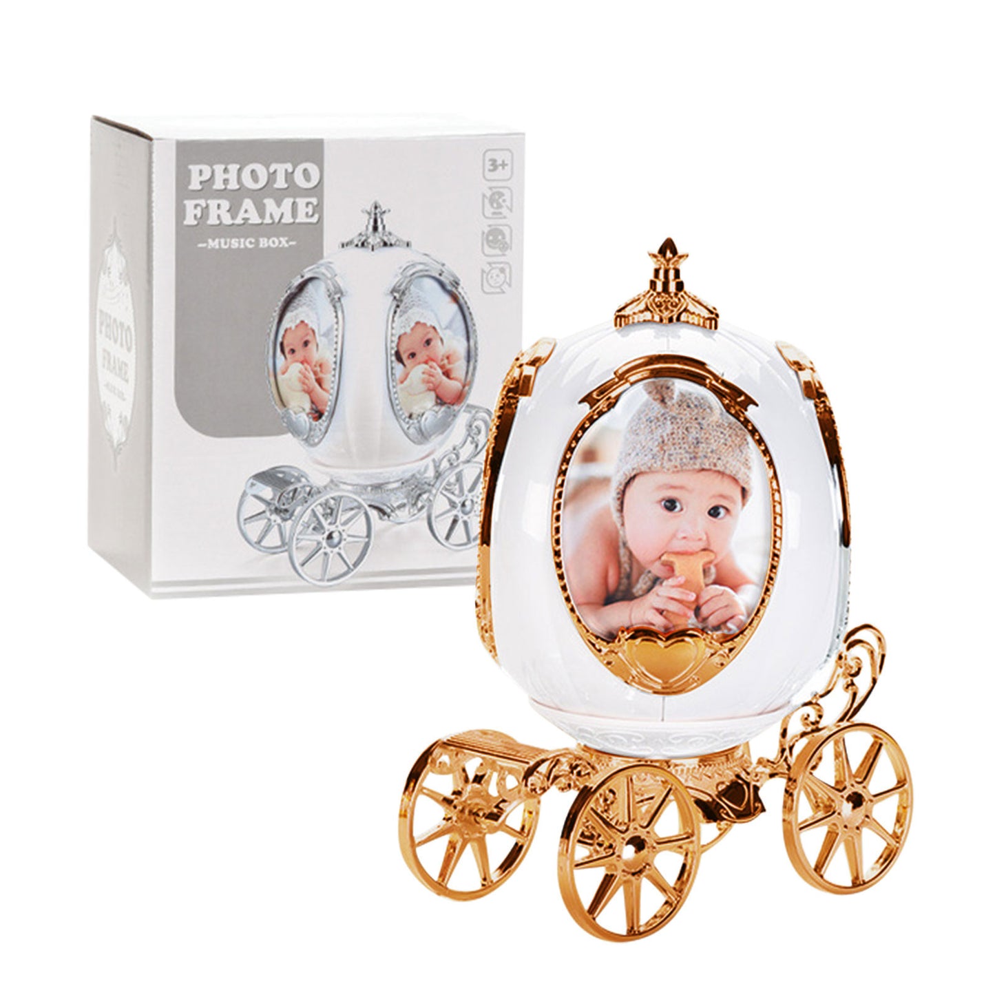 Pumpkin Carriage Music Box & 4-Photo Frame | 360° Rotating Keepsake with Timeless Melody