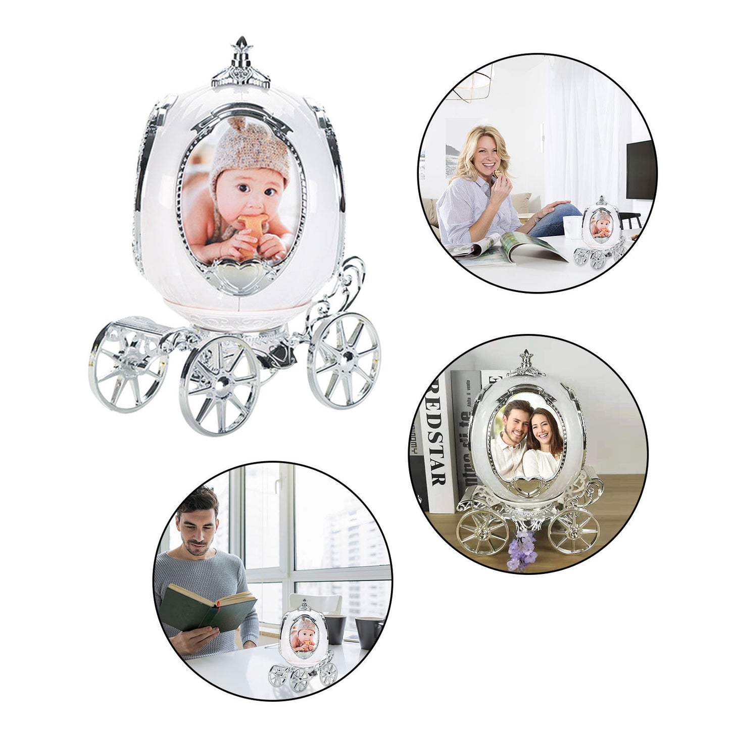 Pumpkin Carriage Music Box & 4-Photo Frame | 360° Rotating Keepsake with Timeless Melody